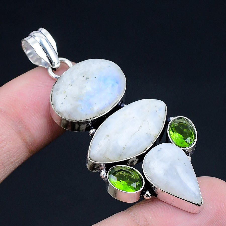 Rainbow Moonstone, Peridot Gemstone 925 Sterling Silver Pendant 2.27″ e343