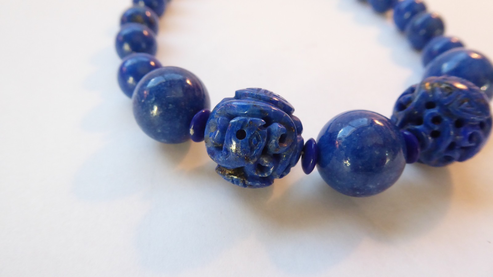 Carved Lapis Lazuli Bead Statement Necklace 15″ long 15mm & 9mm Round beads Asia