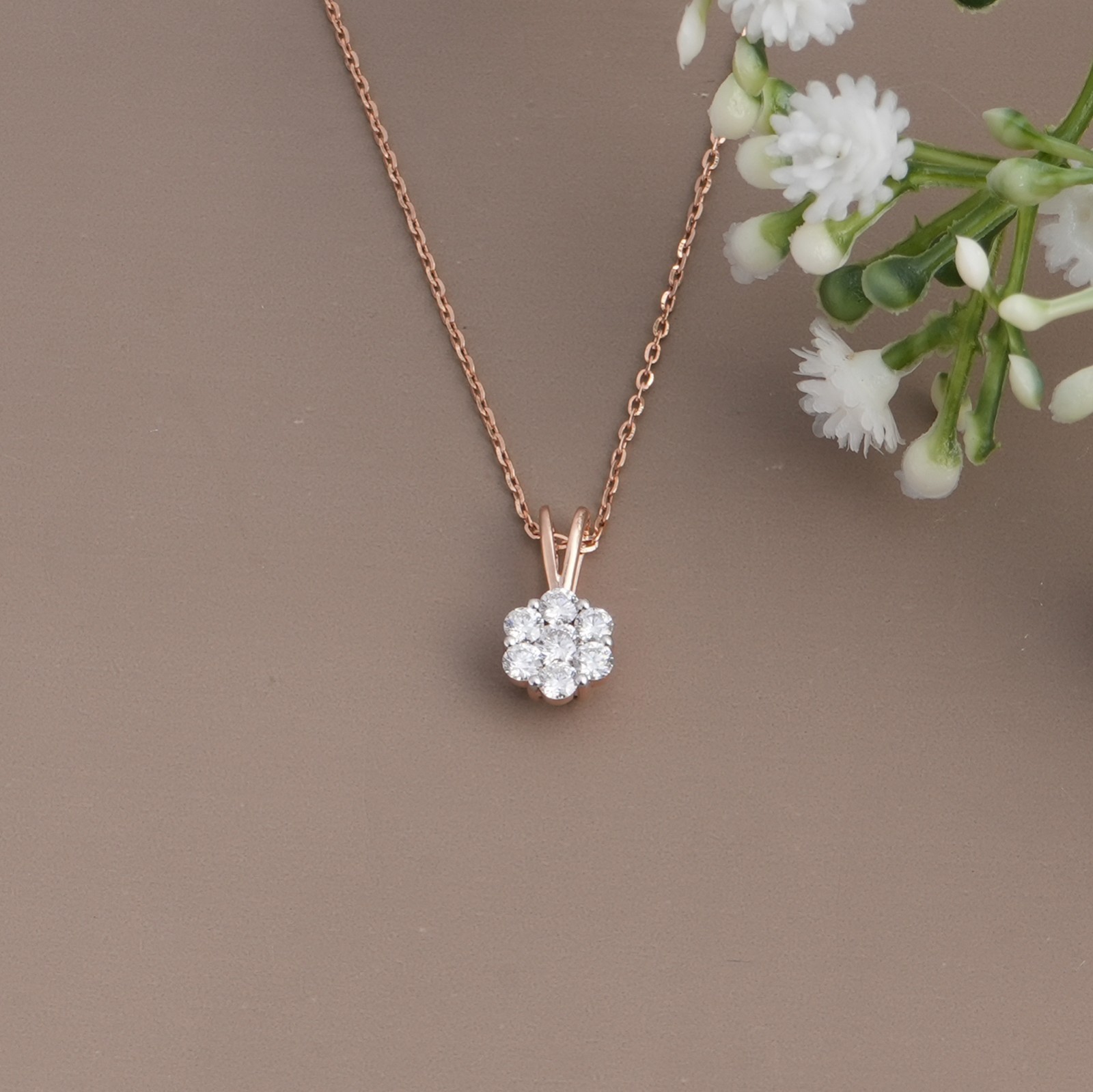 925 Sterling Silver Rose Gold Diamond Cluster Pendant Round Cut Flower Shape