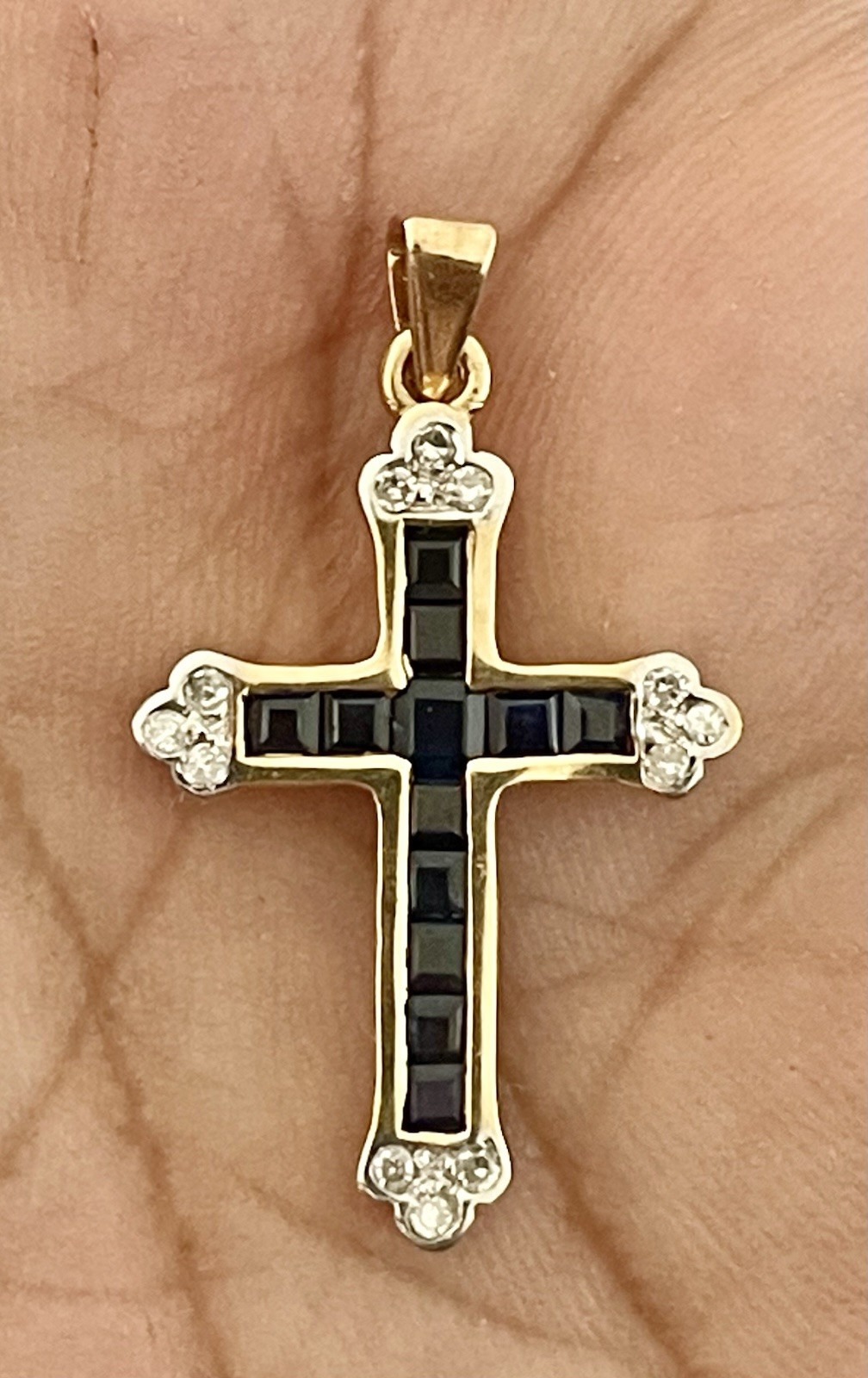 14KT Y/W Gold 1.00CTW Blue Sapphire & 0.12CTW Diamond Cross Pendant (K142)