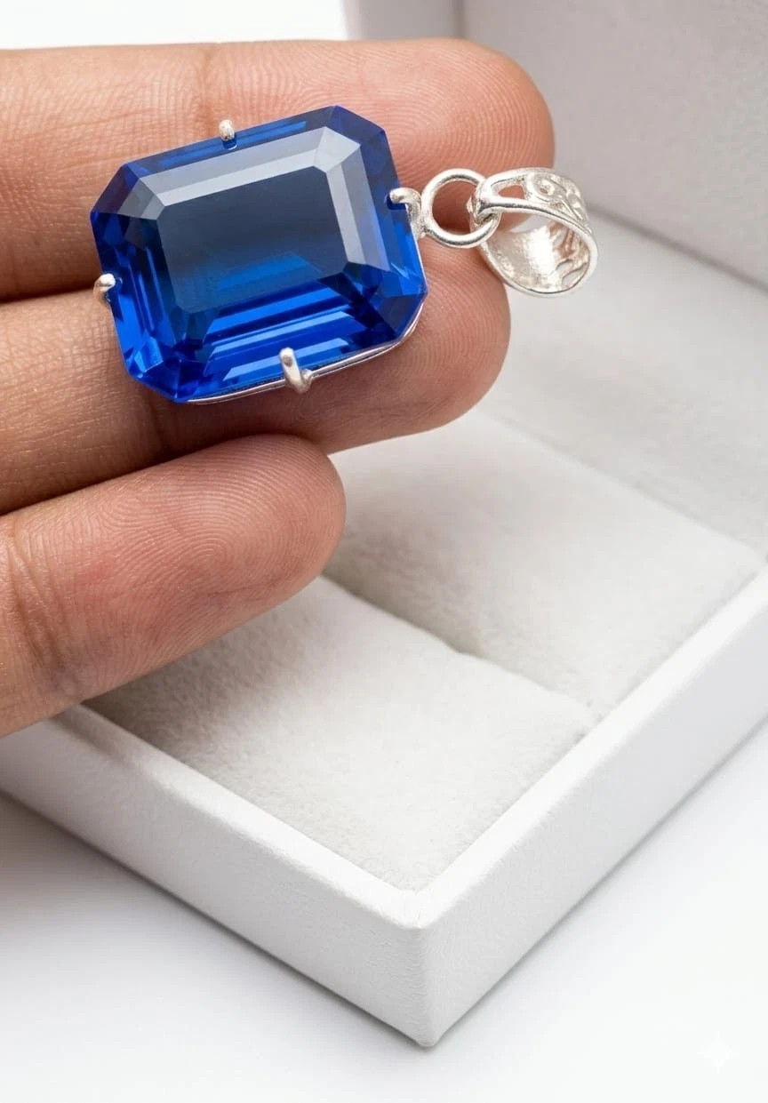 Natural 21 Ct Blue Sapphire Solid Silver Emerald Cut Pendant Certified Gemstone