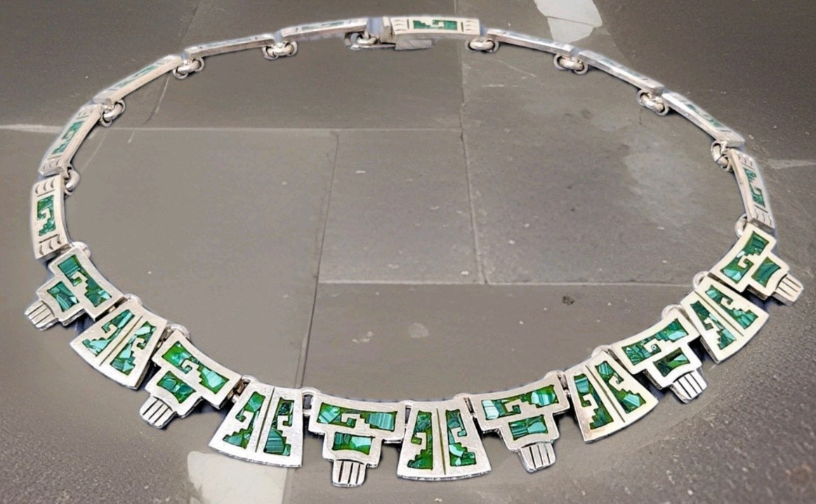Vintage Taxco Mexico Sterling Silver Malachite Inlay Statement Necklace 93gr 17″