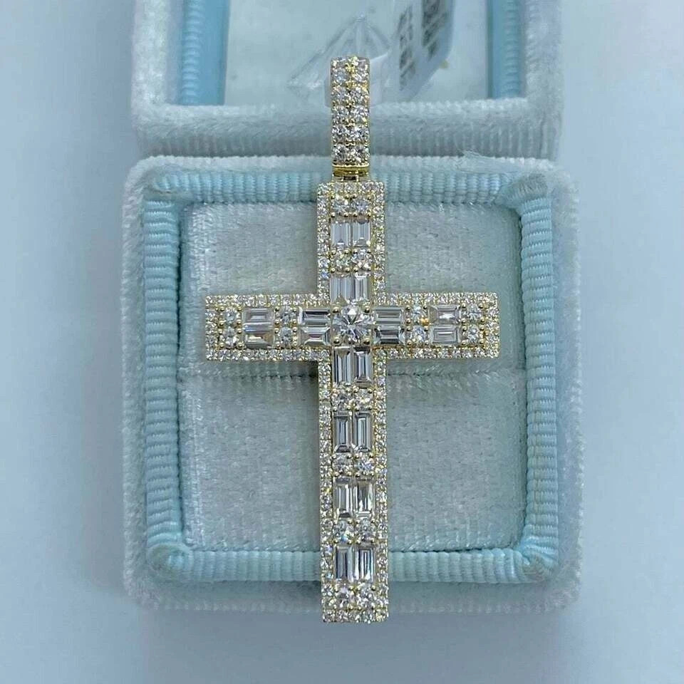 3Ct Baguette Cut VVS1 Diamond New Cross Pendant 14K Yellow Gold Over