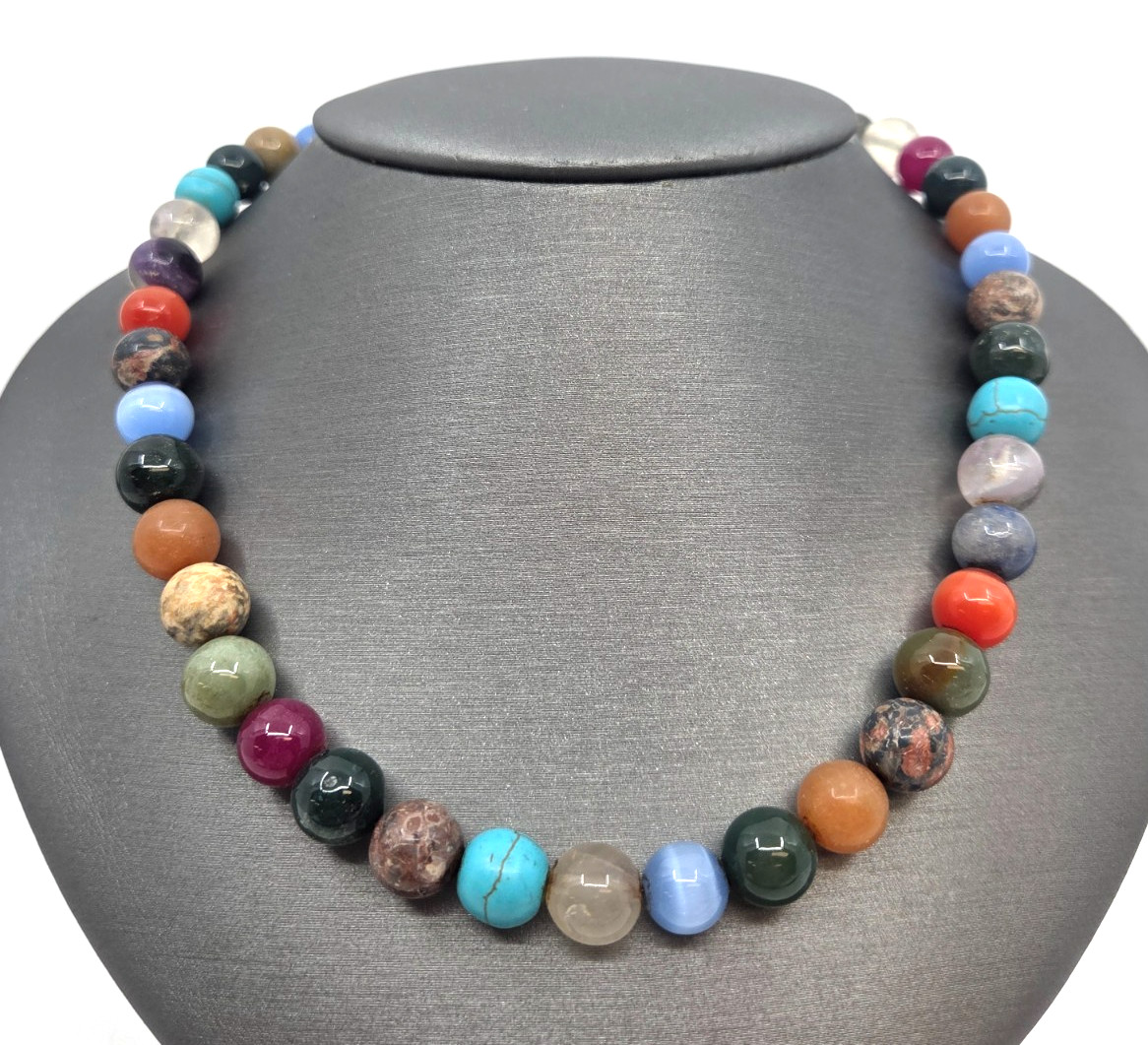 Sterling Silver Multi Gemstone Beaded Toggle Clasp Necklace 11 mm Beads