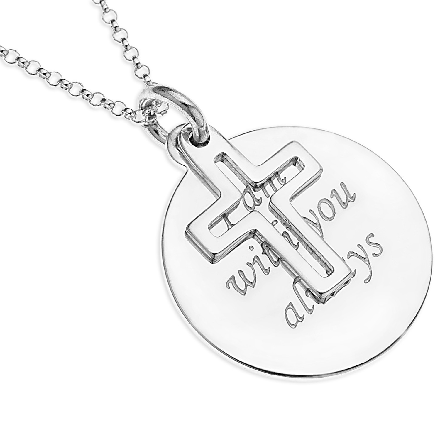 Cross Charm Message Disc Pendent – Sterling Silver, I am with you always