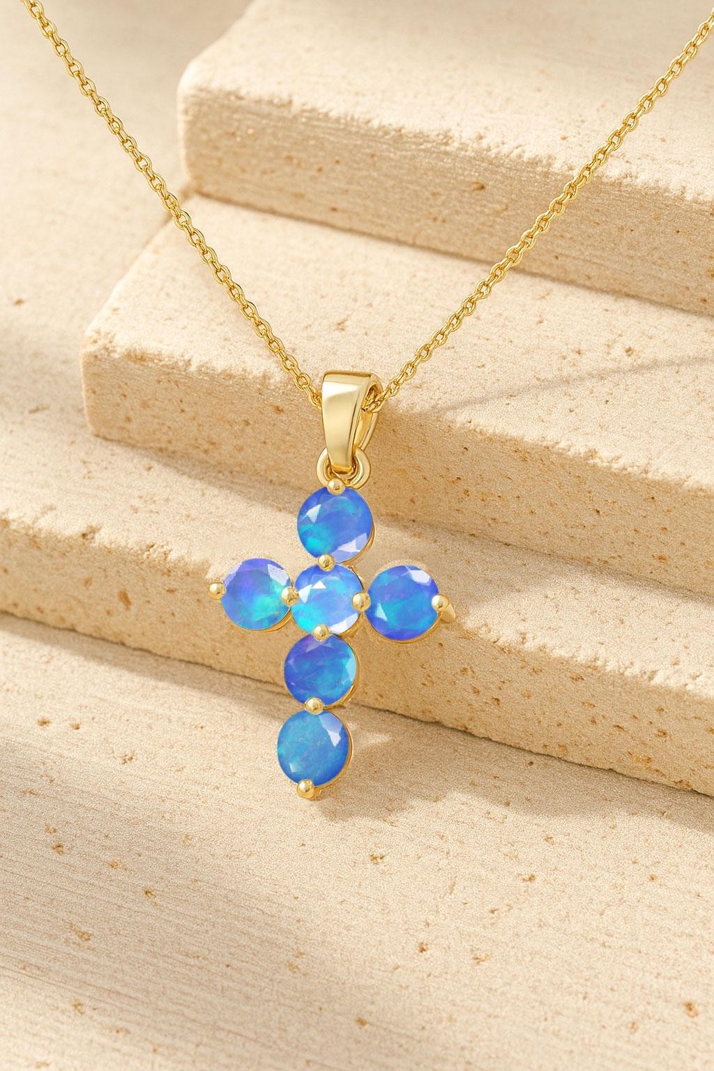 Genuine Blue Opal Gemstone Gold Cross Pendant, Natural Opal Gold Chain Pendant