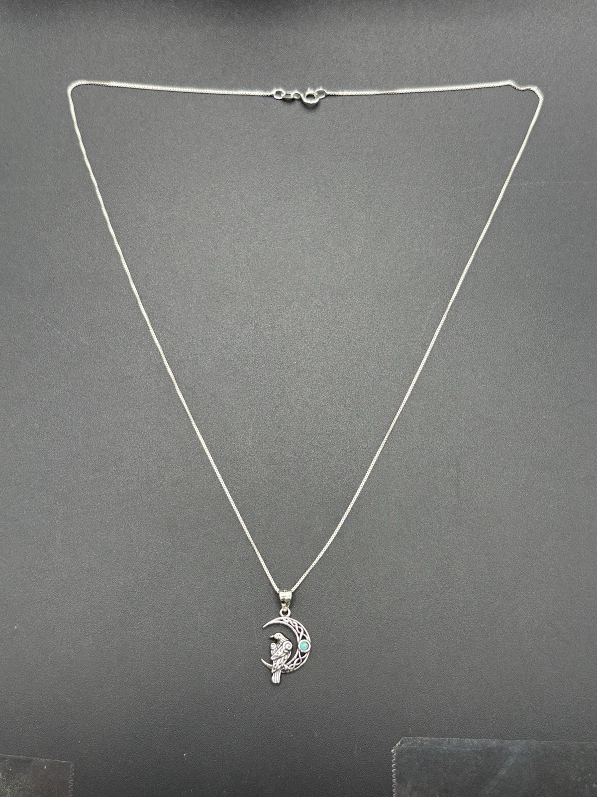 New Condition 18″ Sterling Silver Turquoise Celtic Bird Moon Pendant Necklace