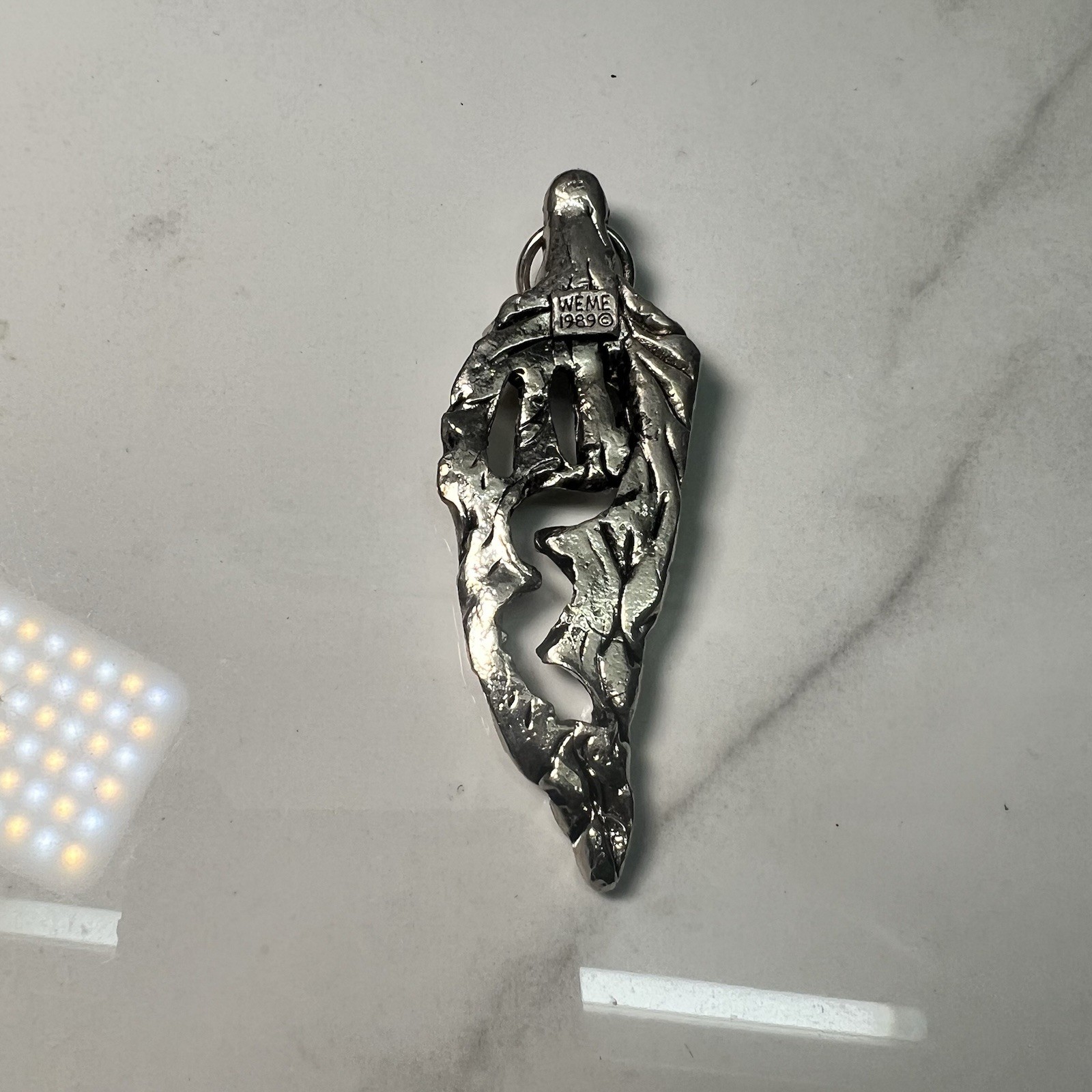 Weme signed 1989 pendant 3″ Silvertone leaf? (no necklace) 1980’s VTG metal