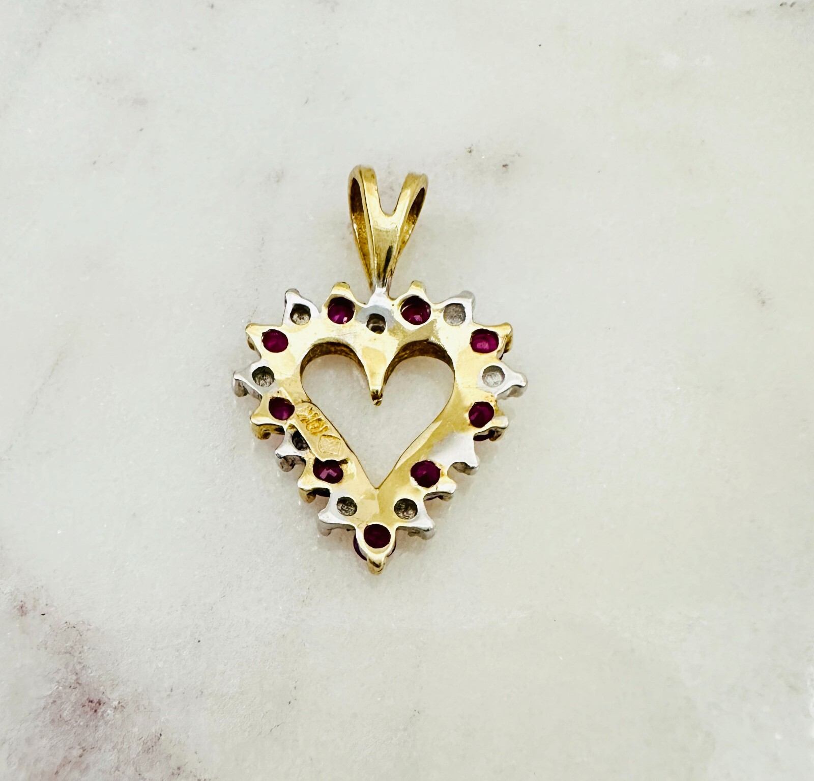 Estate 10K Multi-Tone Gold Ruby w/Diamond Accent Small Heart Pendant 19x13mm