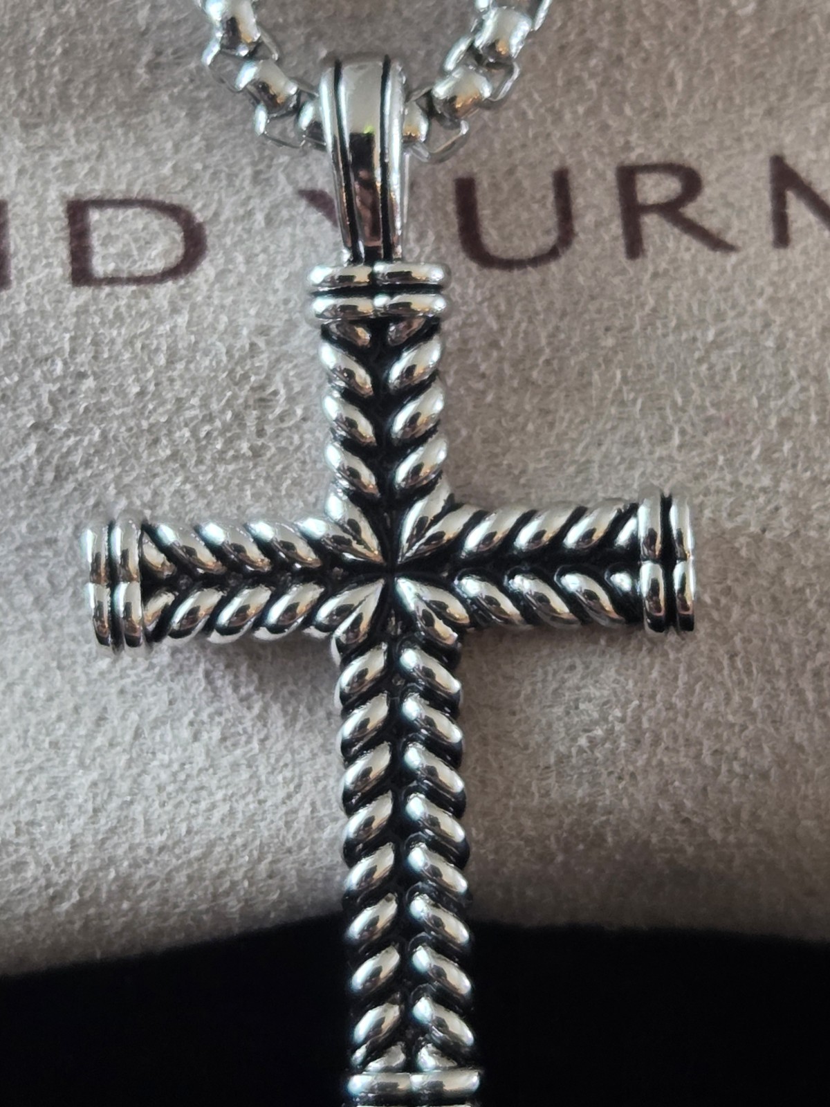 925 Silver David Yurman Chevron Cross with Pave Black Diamonds 22 inches