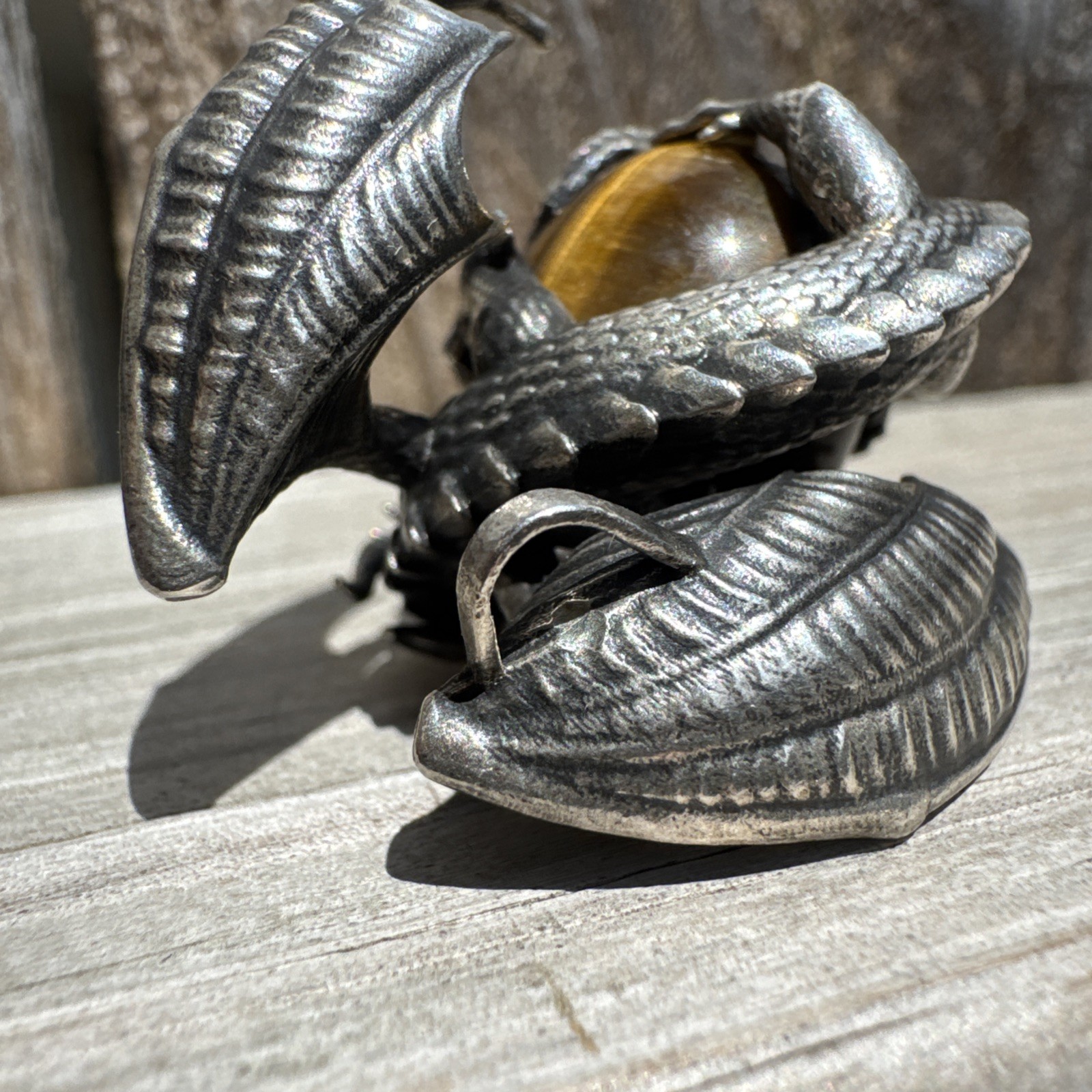 SKULLIS Tiger’s Eye Gemstone Carved SKULL and 925 Sterling Dragon Pendant