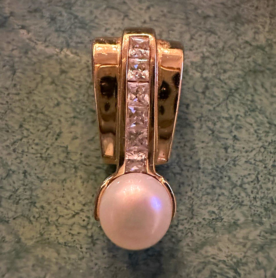 14k Yellow Gold Pearl and clear stone enhancer slide pendant