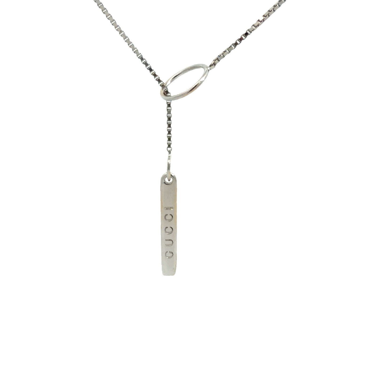 Gucci 18k White Gold Lariat Bar Pendant Box Chain Necklace 18″