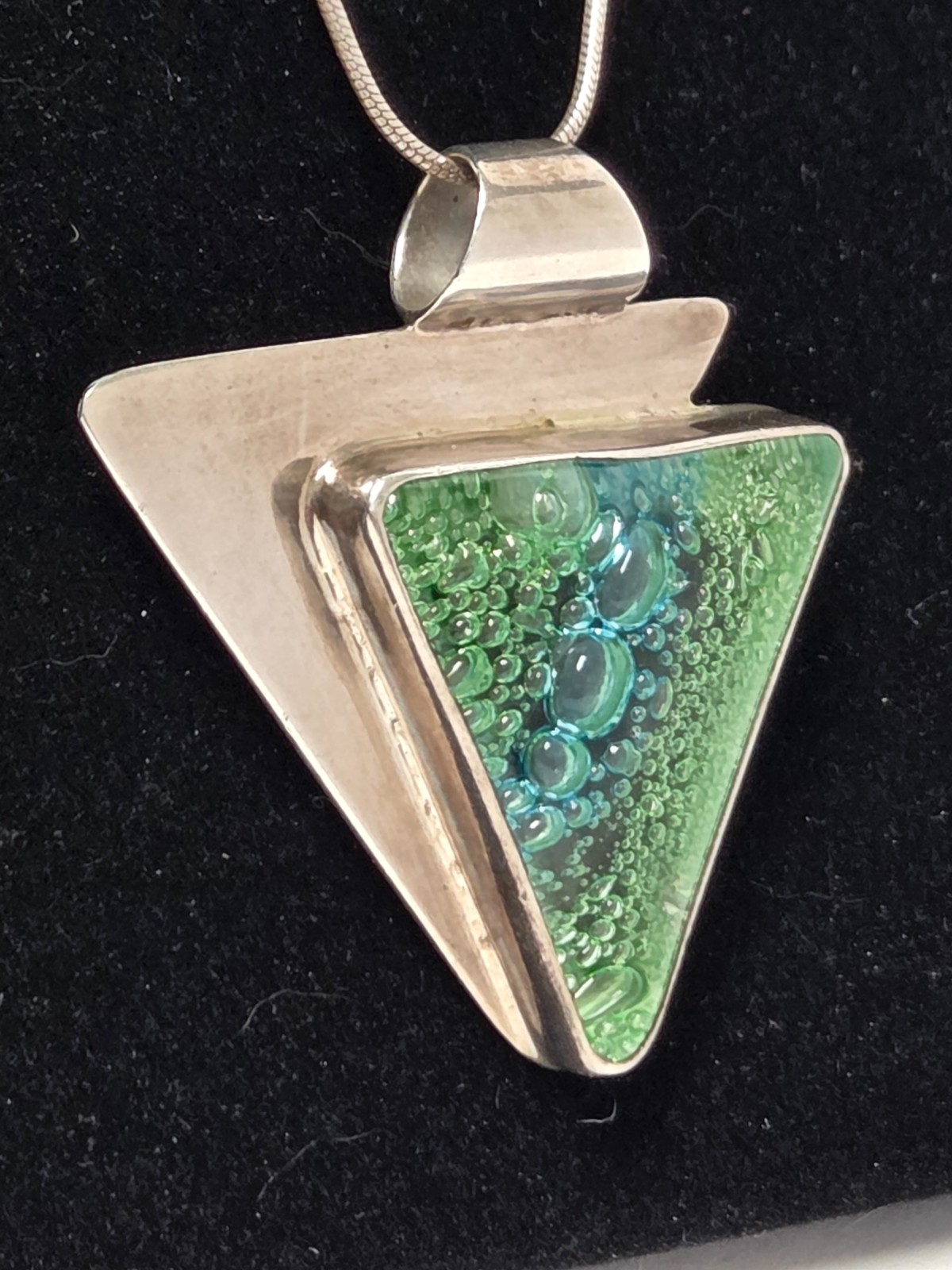 Dichroic Glass Sterling Silver Triangle Pendant Necklace 18″ Green Blue Bubbles