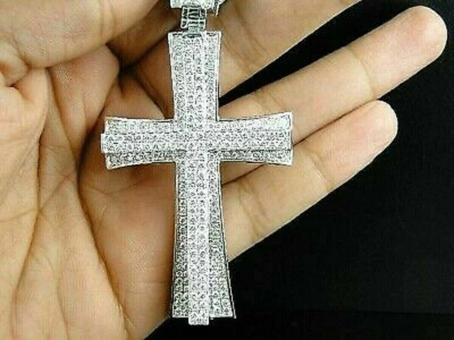 3Ct Pave Round Cut Simulated Diamond Cross Men’s Pendant 14K White Gold Plated