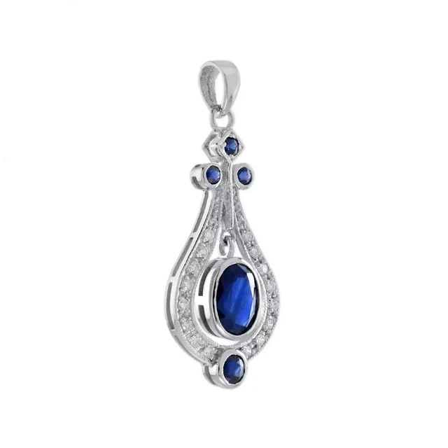Art Deco Style Moissanite Blue Sapphire Diamond Women Pendant 14k White Gold FN