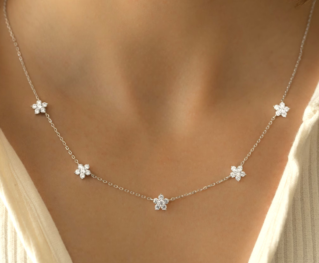 White Zircon Station Necklace 925 Silver December Birthstone CZ Diamond Jewelry