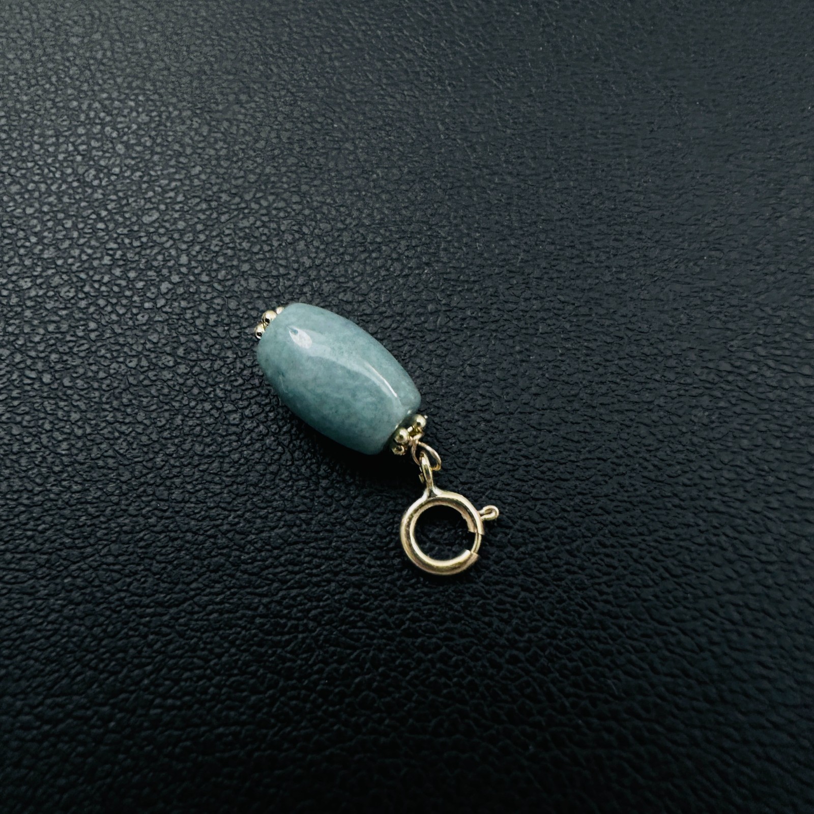 14K Solid Yellow Gold Barrel Blue-Green Jade Small Charm Pendant w/Spring Clasp