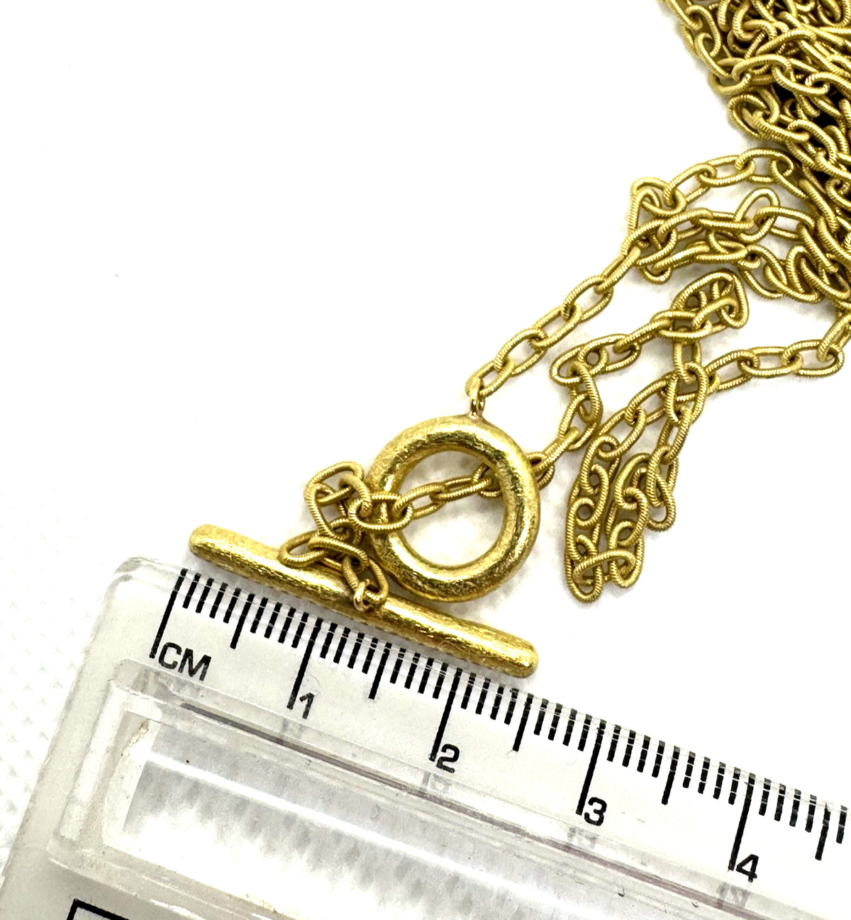 Designer 18k unique link long chain necklace toggle clasp nice gold hue Y lariat