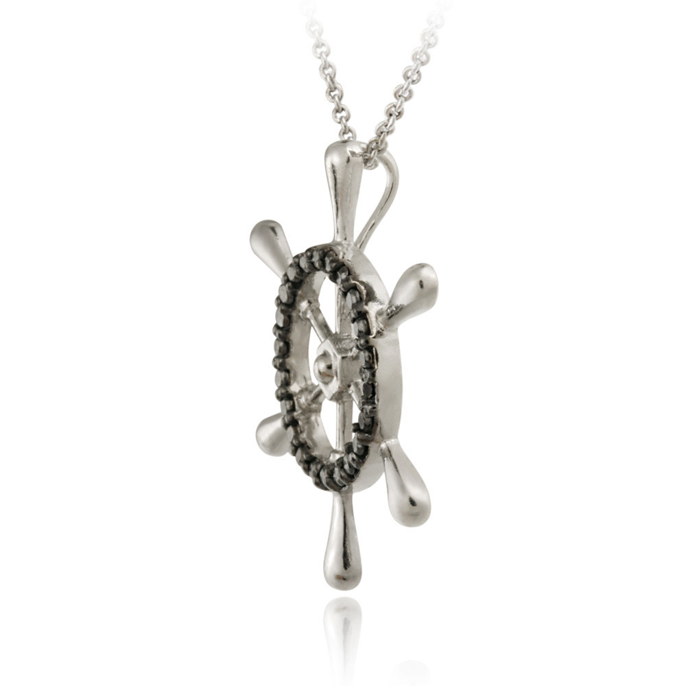 .925 Silver Black Diamond Accent Anchor Pendant 18″