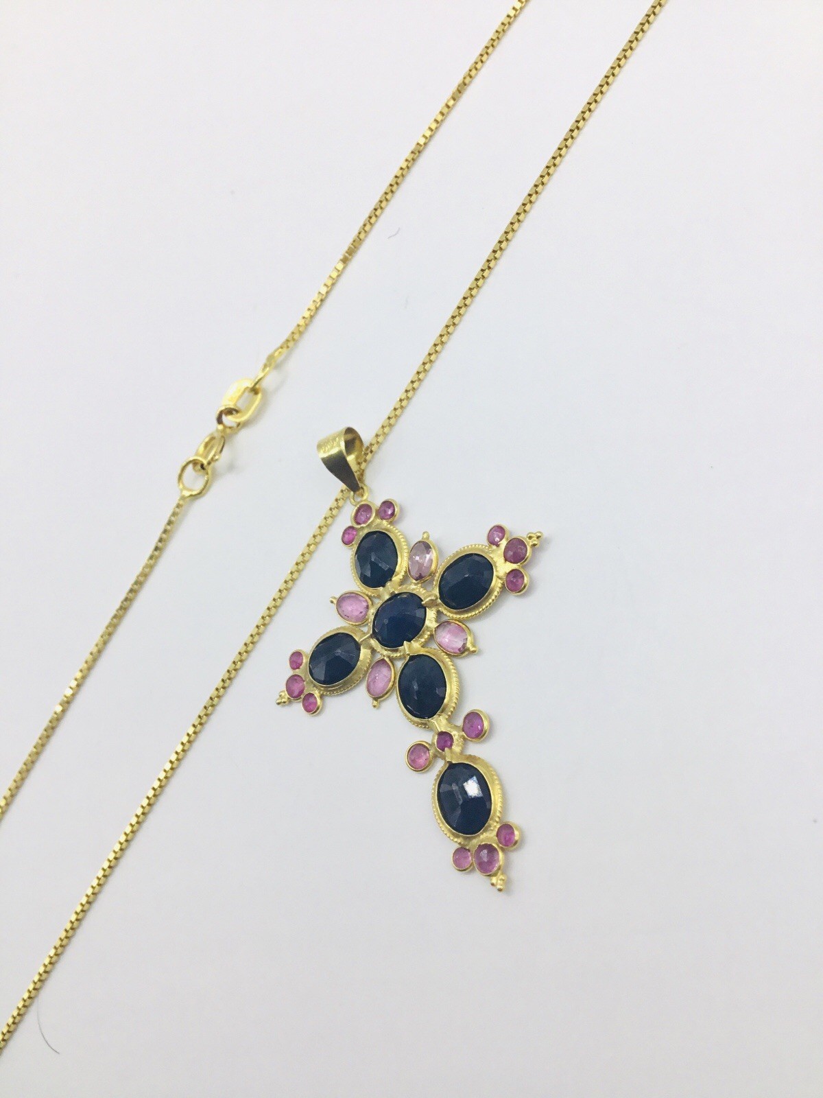 18k Yellow Gold Sapphire & Ruby Cross Pendant Necklace, Box Chain 18in + 1.75in