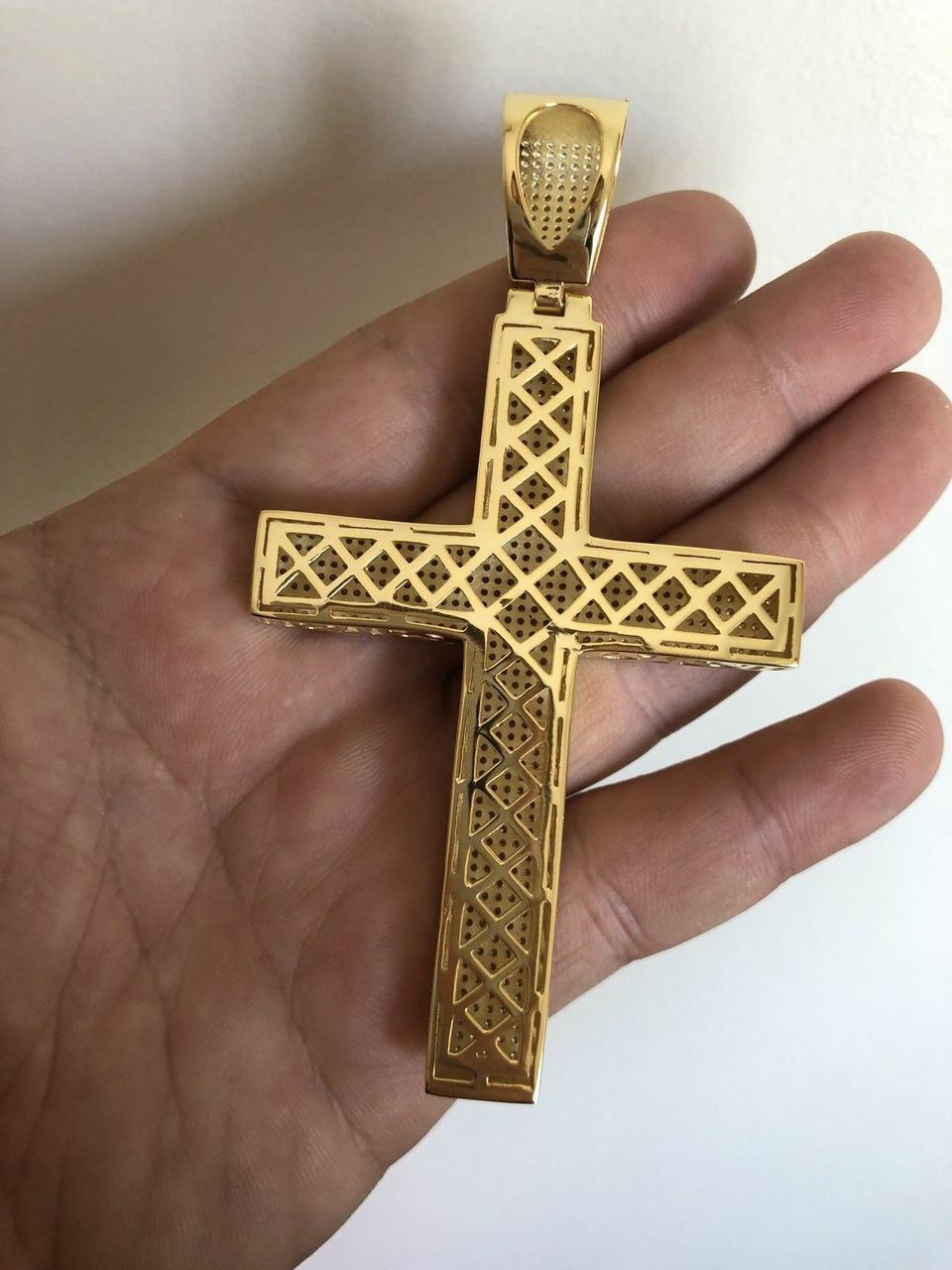 14k Gold Plated Solid 925 Silver Mens Large Cross CZ 3.25” BIG Hip Hop