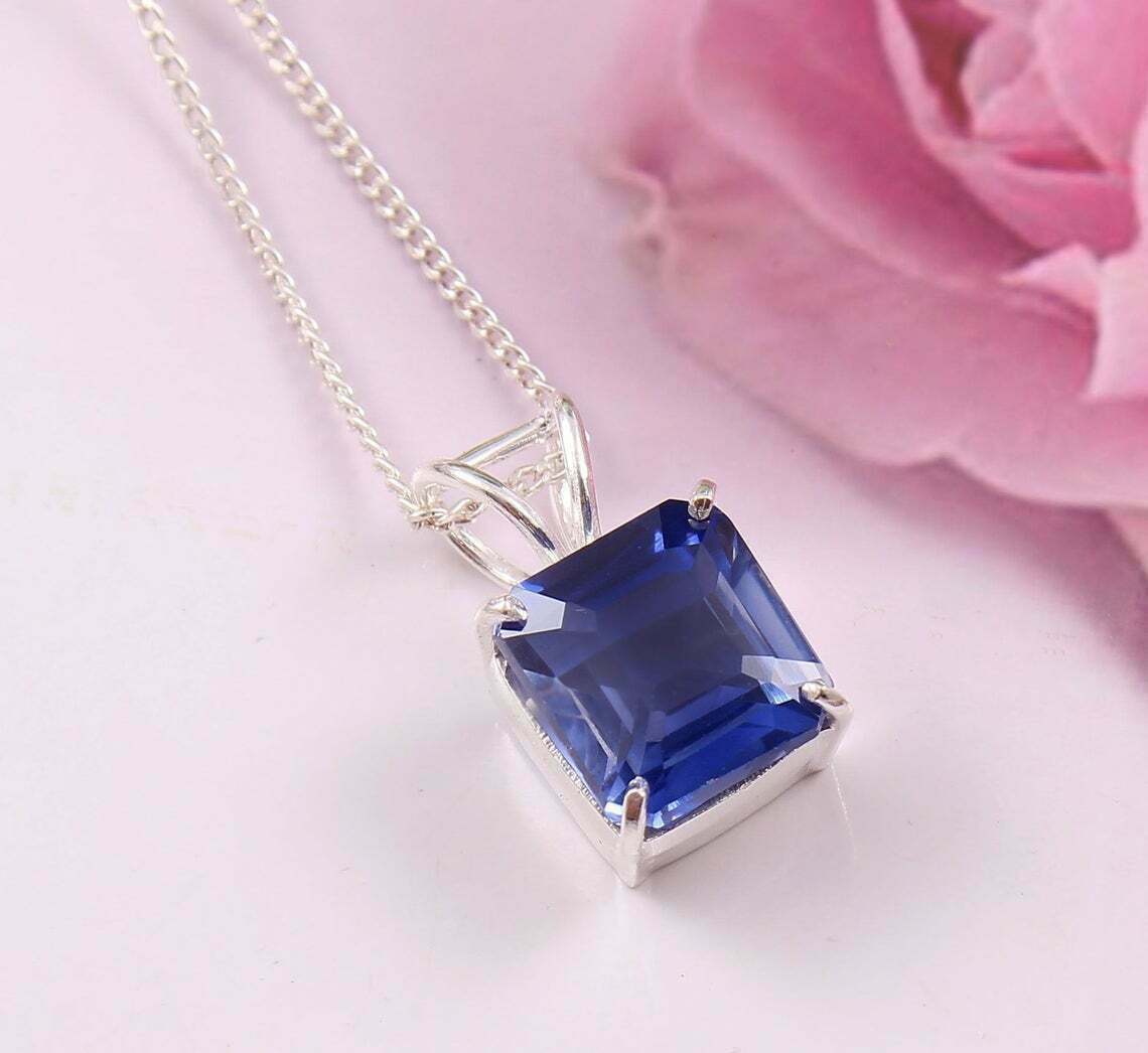 2Ct Asscher Cut Blue Sapphire Solitaire Pendant 14K White Gold Finish Free Chain