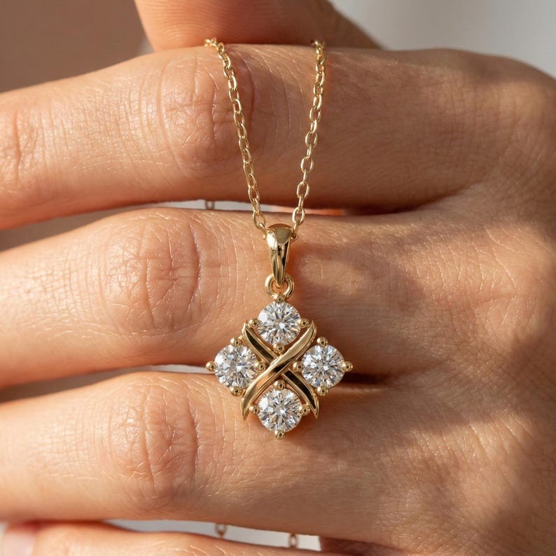 Cluster Pendant Necklace 14K Gold Four Stone Pendant Everyday Jewelry Gifts Her
