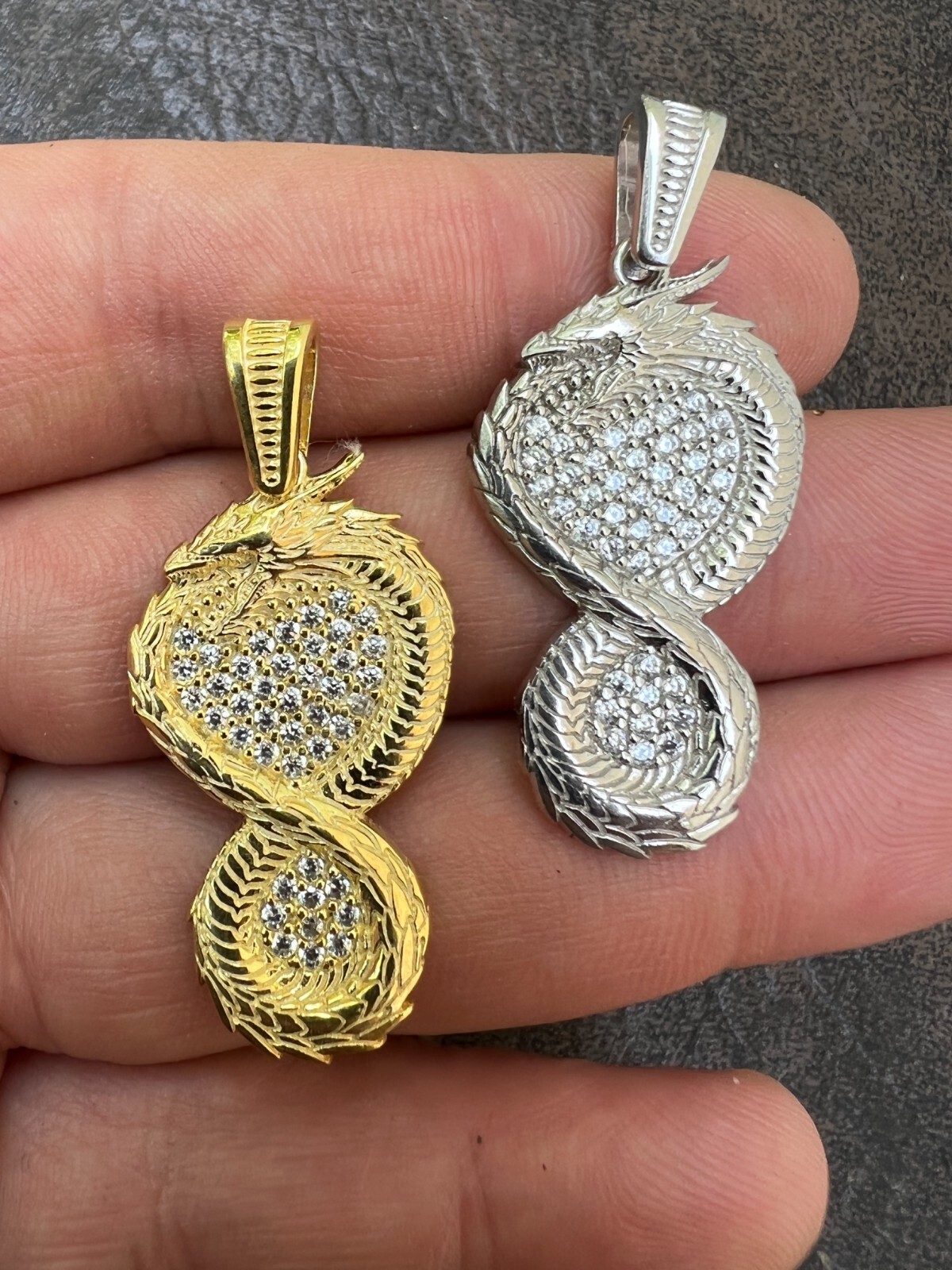 Real 925 Silver / 14k Gold Plated Dragon Infinite Flame Pendant Necklace Iced CZ