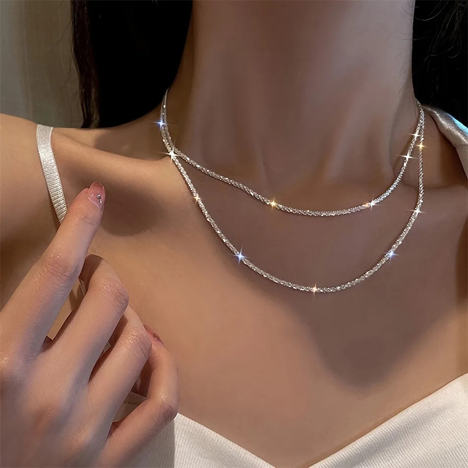 1Pc Authentic S925 Sterling Silver Necklace 2Mm Sparkling Collarbone, Sweater Ch