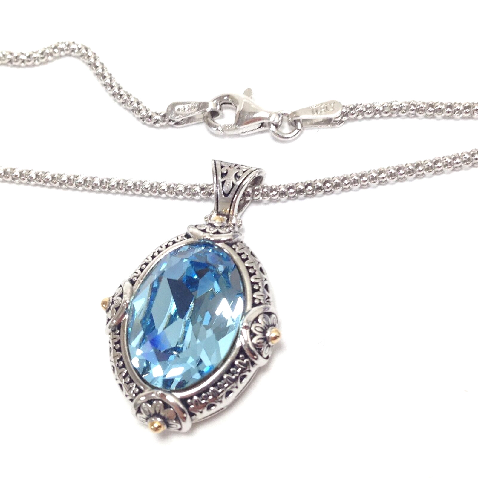 FD 925 Sterling Silver Blue Crystal Pendant Popcorn Chain Necklace 17.5″ Jewelry