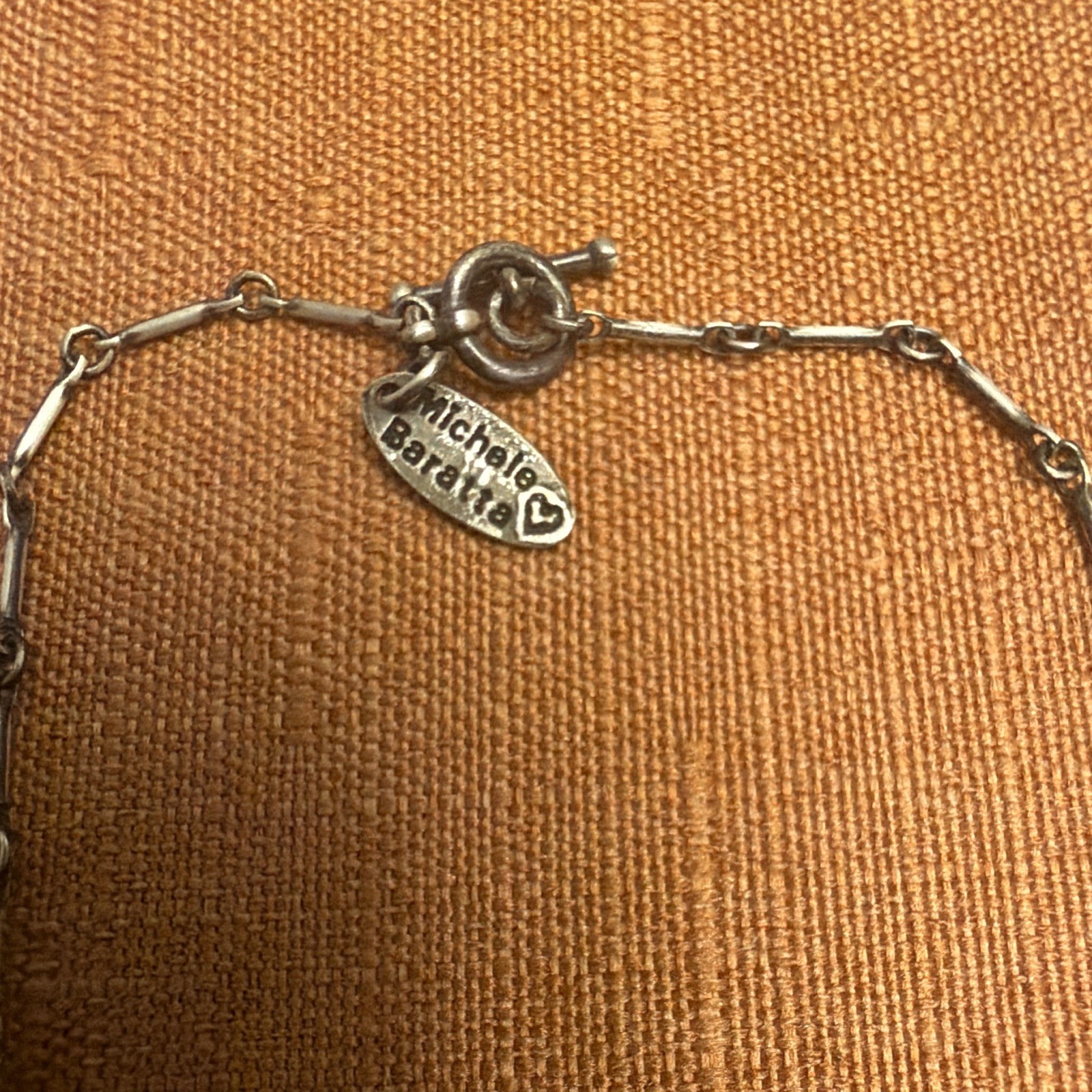 Michael Baratta Signed 925 Fine Silver Charm Pendant Necklace Bar Link Chain