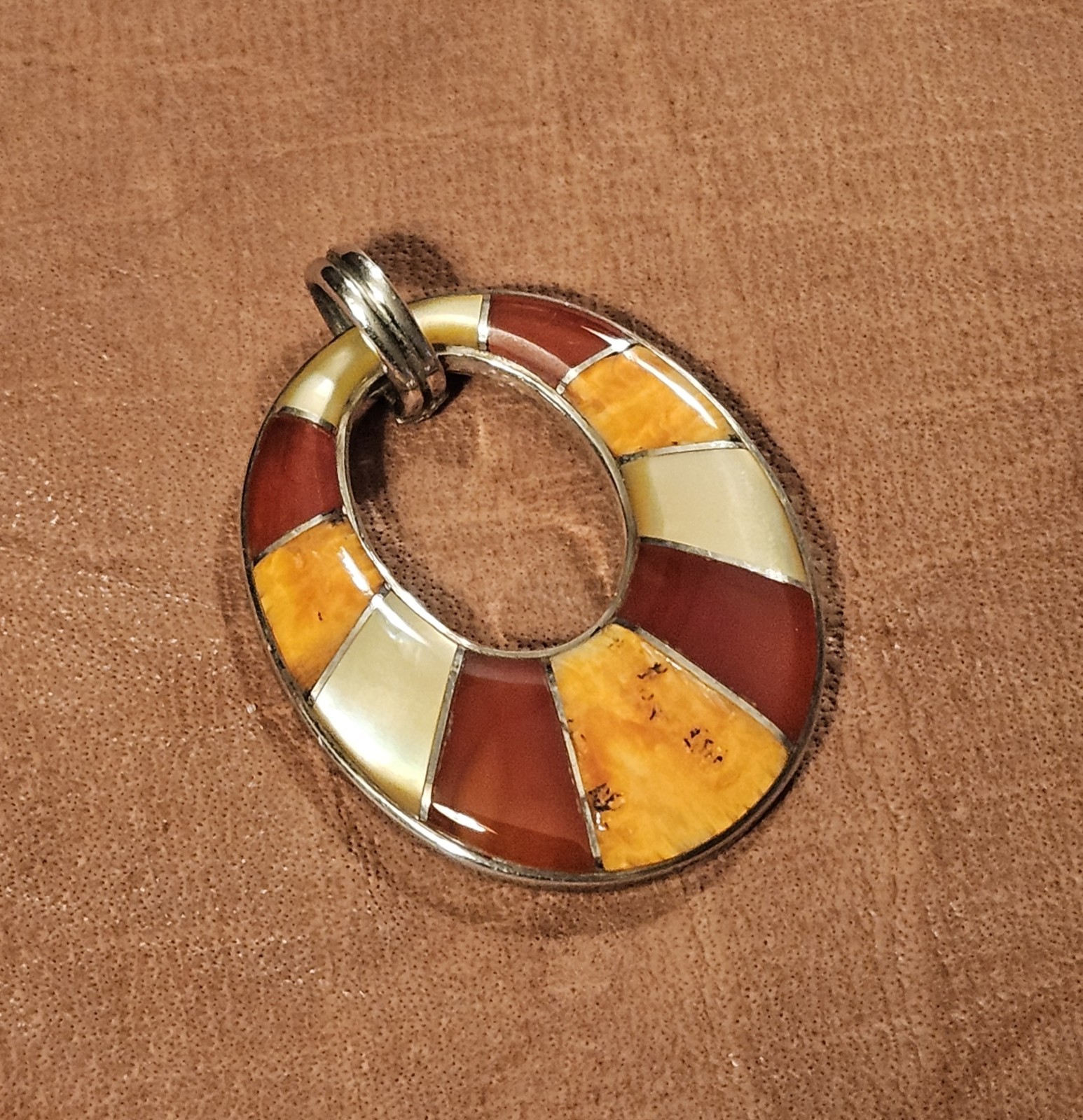 Vintage 1-5/16″ Sterling MOP Spiny Oyster Carnelian Multistone Gemstone Pendant