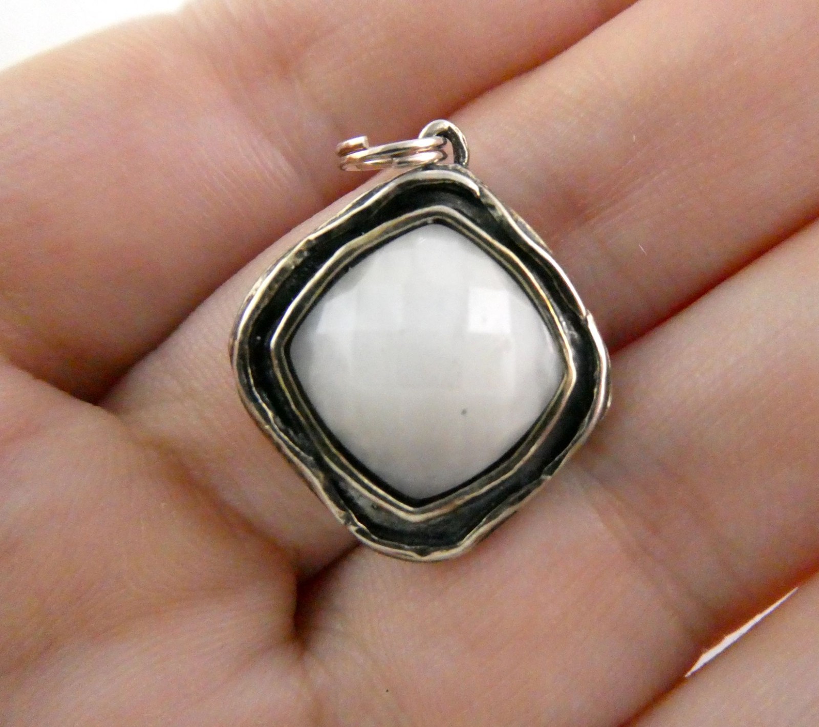 Sterling Silver Faceted Opaque White Crystal Pendant Charm 3.7g 925 1 Inch Long