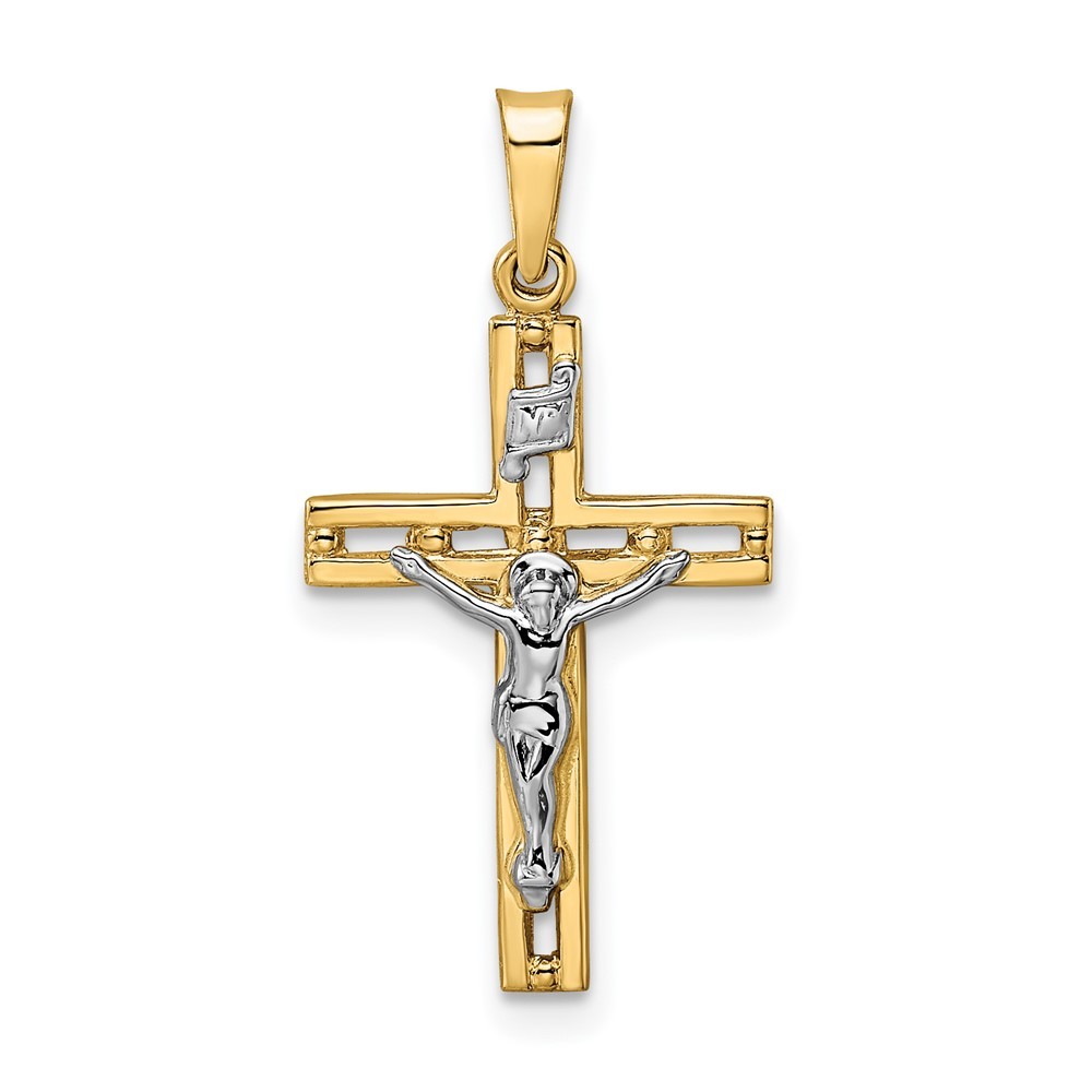 14K Two-tone Gold Polished Solid INRI Crucifix Pendant L-1.08 Inch