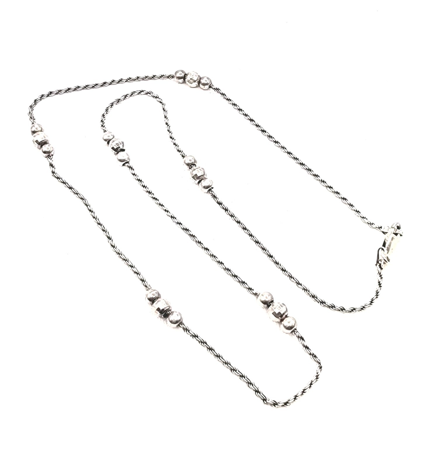 Sterling Silver Faceted & Polished Bead Station Necklace 20″ Textured Rope Chain