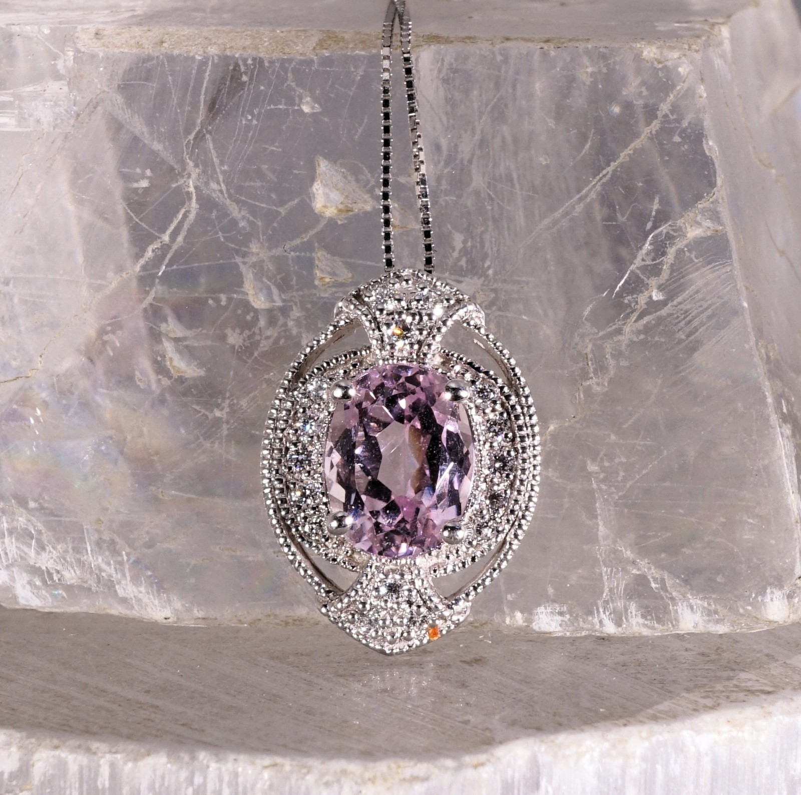 Natural Afghan Kunzite slide Pendant 14k Solid White Gold 2.66ct With Diamonds
