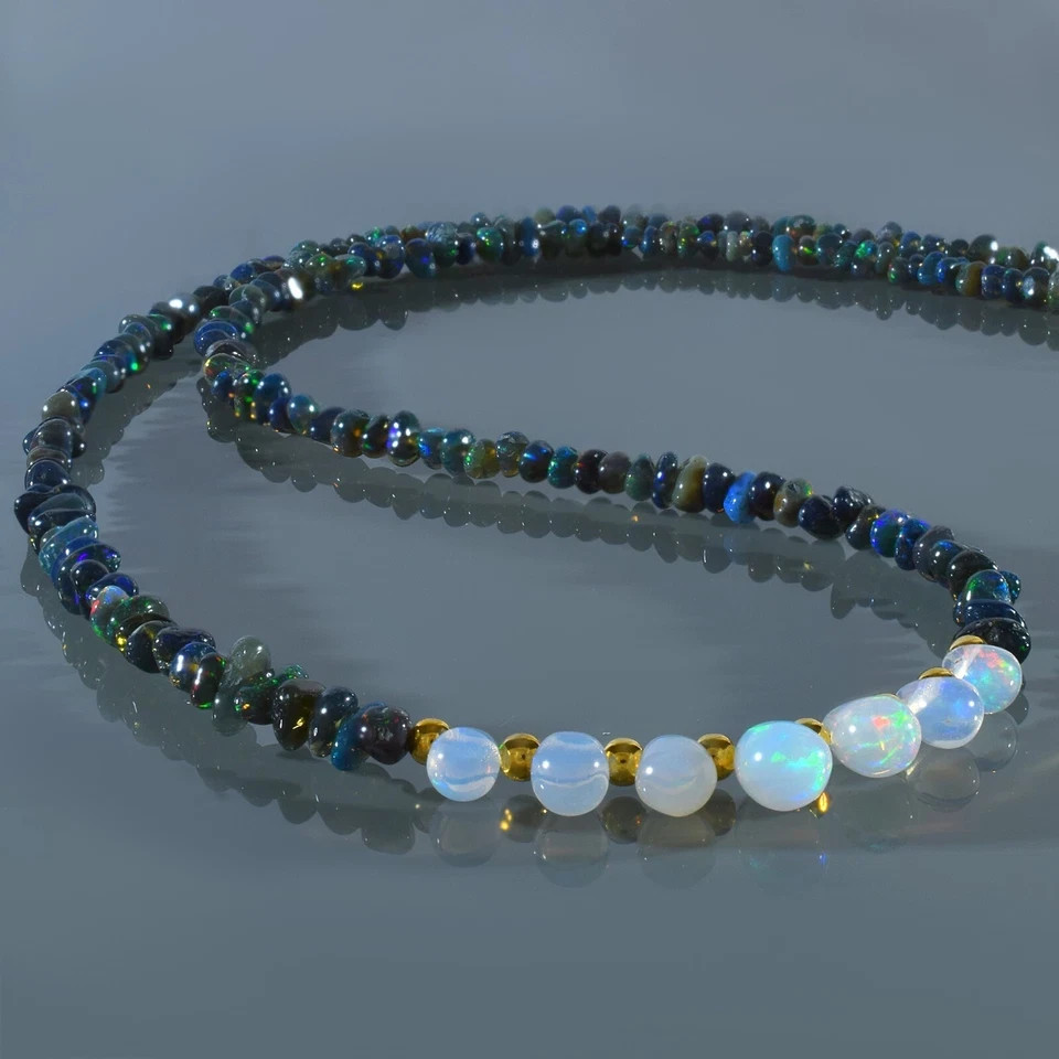 Natural Welo Fire Black Opal Nuggets Beads Necklace 925 Silver Handmade Chain