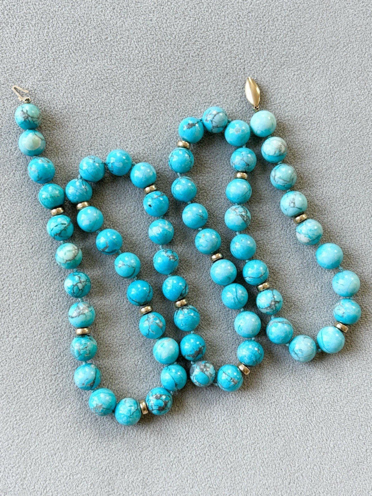 Solid 14k Yellow Gold 12mm Round Natural Turquoise Beaded Necklace 33” 159g