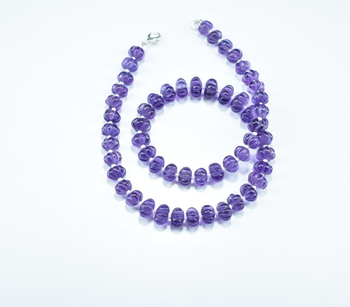 16″ African Amethyst Carved Melon Shape Beaded Necklace Sterling Silver 7.5-10mm