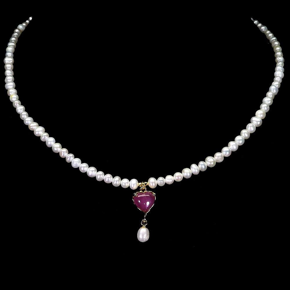925 Sterling Silver Necklace Heart Ruby 9mm Natural Pearl Gemstone Jewelry 17.5