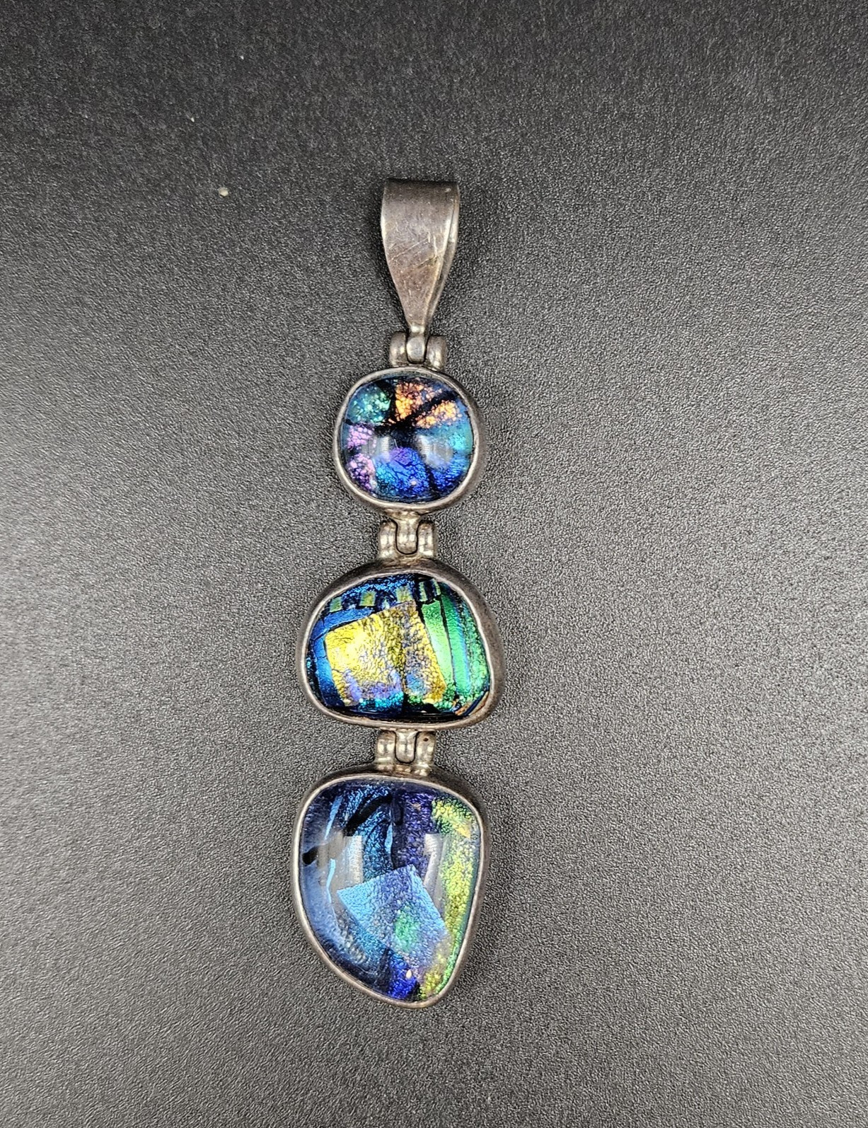 925 Sterling Silver Dichroic Art Glass Triple Drop Pendant Green Blue