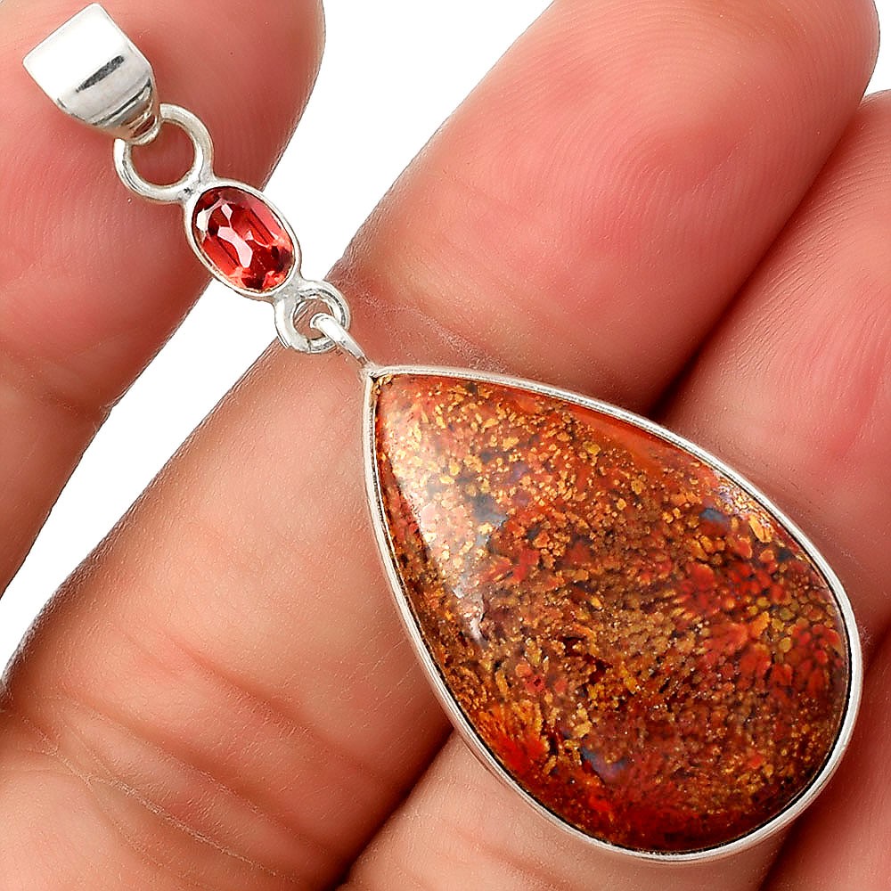 Natural Red Moss Agate & Garnet 925 Sterling Silver Pendant Jewelry P-1098