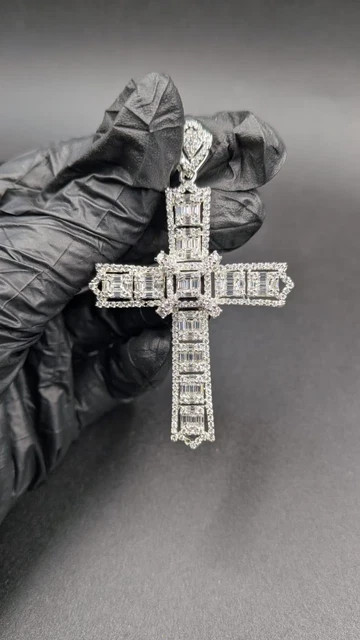 2Ct Baguette Cut Lab Created White Diamond Cross Pendant 14K White Gold Plated