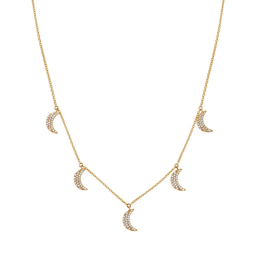 Crescent Studded Diamond Station Chain Necklace 14k Solid Gold Christmas Gifts