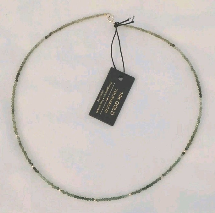 NWT Natural Green Tourmaline 14K Gold Bead Choker Necklace 16″ Ombre Gift-Ready!