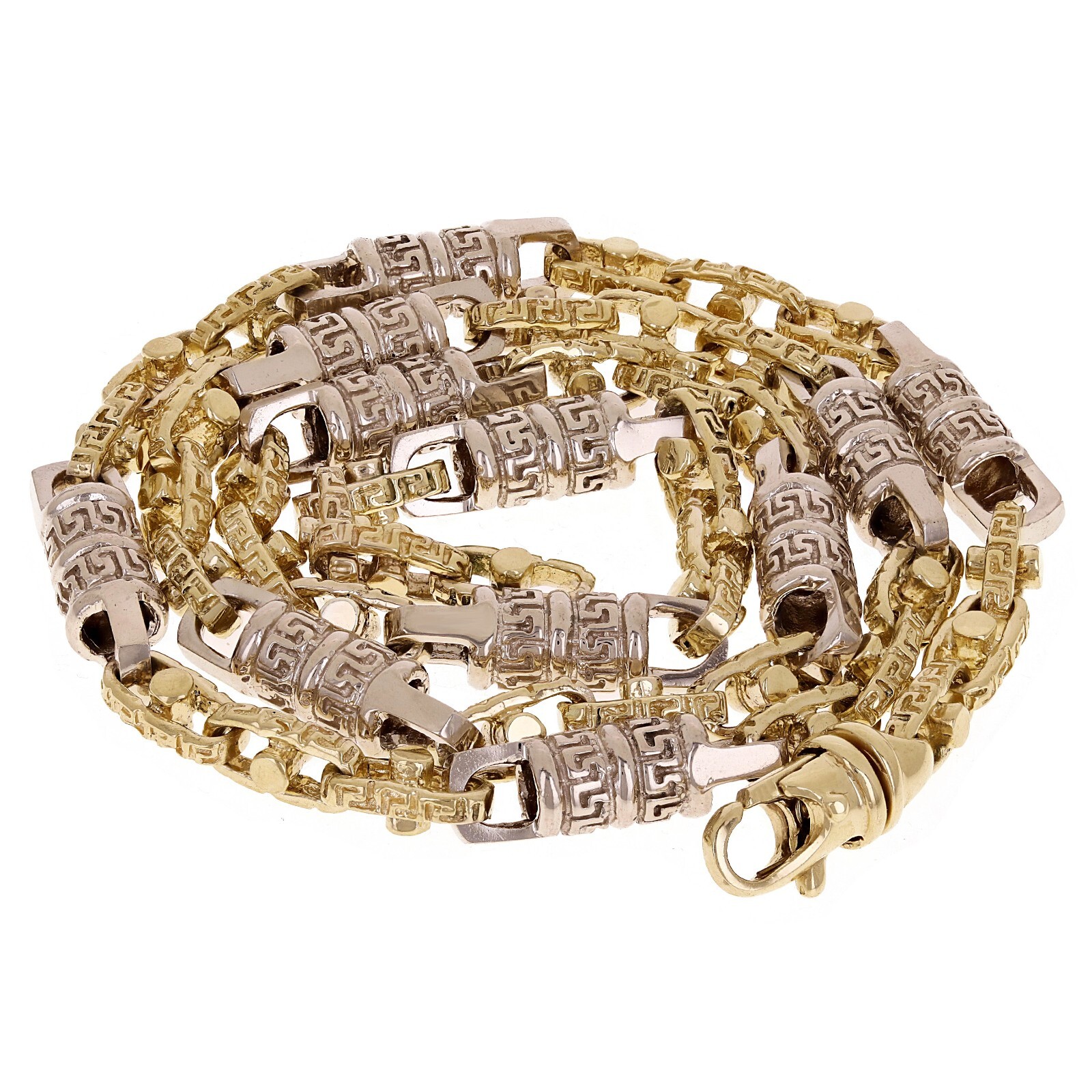 14k Yellow & White Gold Greek Barrell & Links Gold Necklace 24″ 7.5mm 98 grams