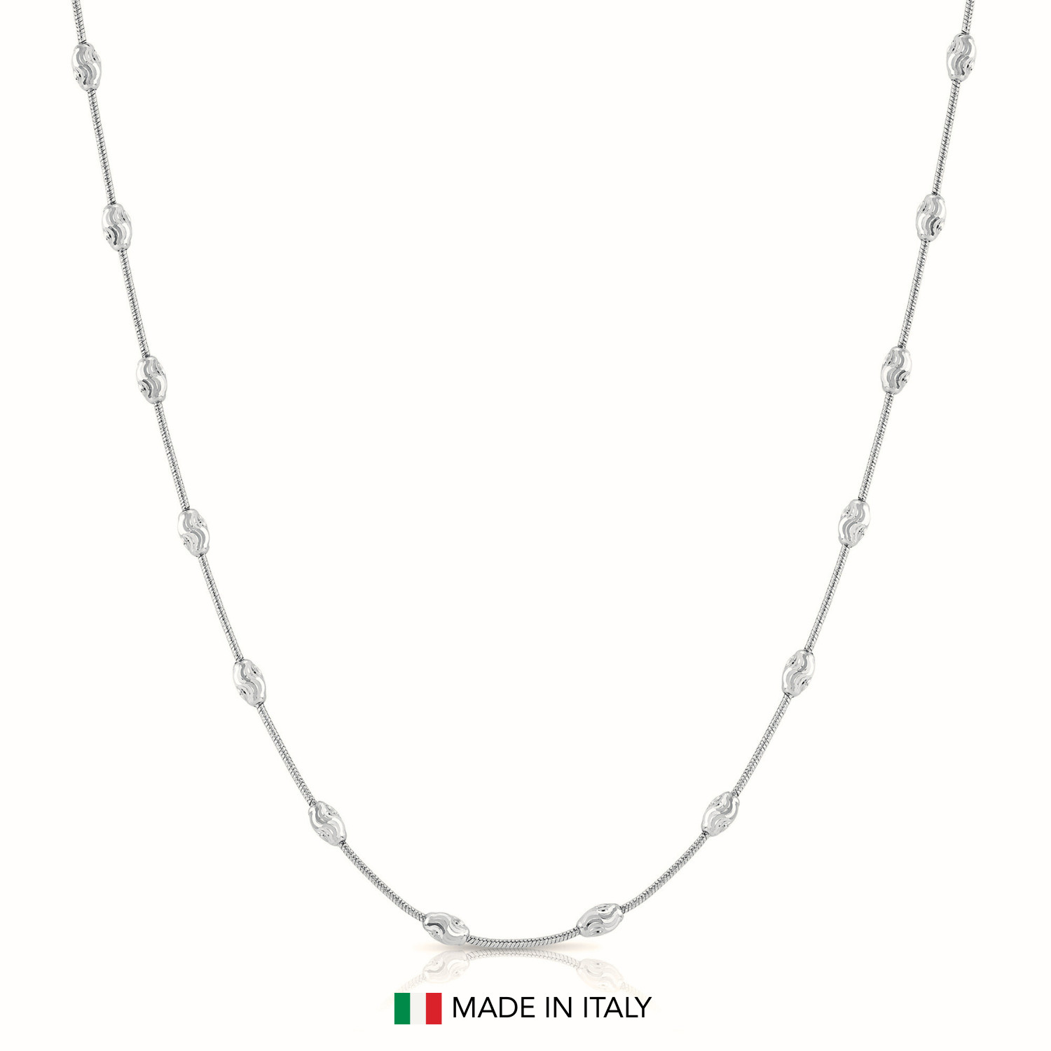 Solid 925 Sterling Silver Diamond-Cut Oval-Shape Beaded Italian Necklace 16″-20″