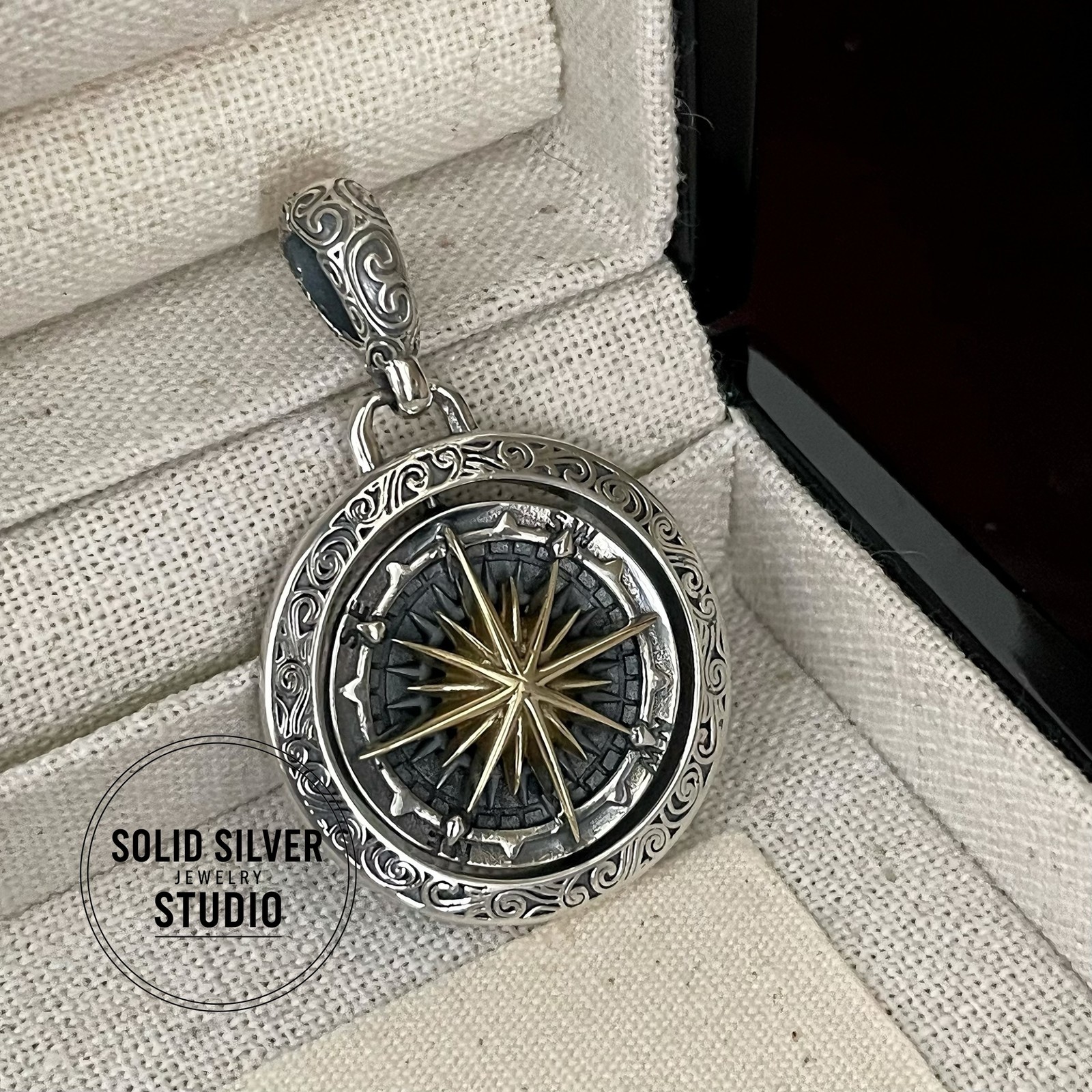 Spinner Compass&Fleur de Lis Pendant 925 Silver Amulet Vintage Medallion Jewelry