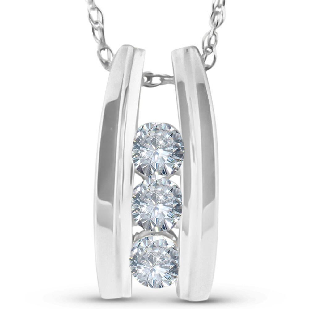 1/4 Ct Three Stone Diamond Pendant 14k White Gold 1/2″ Tall